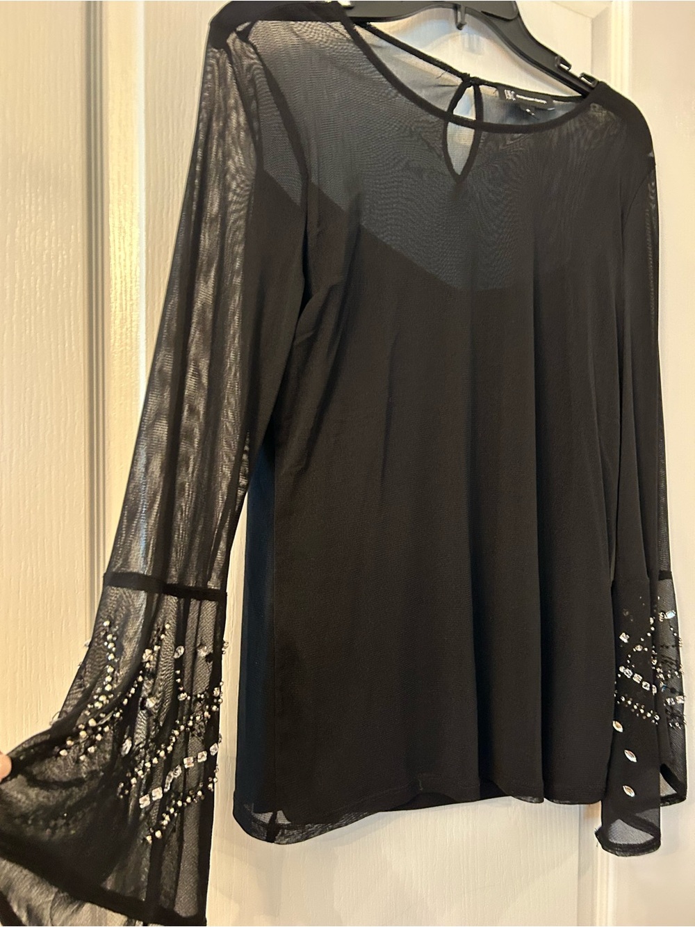 INC International Concepts Black Sheer Bell Sleeve Embellished Top